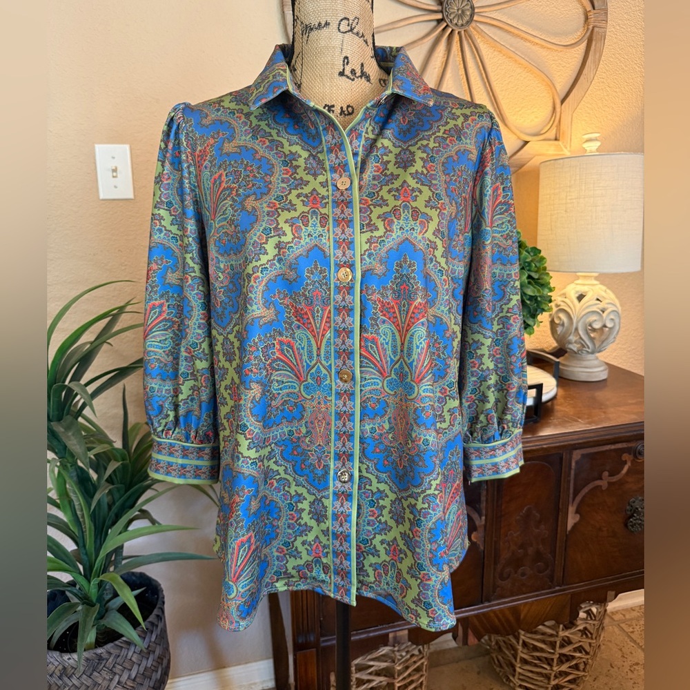 Gretchen Scott Designs Green Paisley Button-Up Blouse with Red & Blue Accents